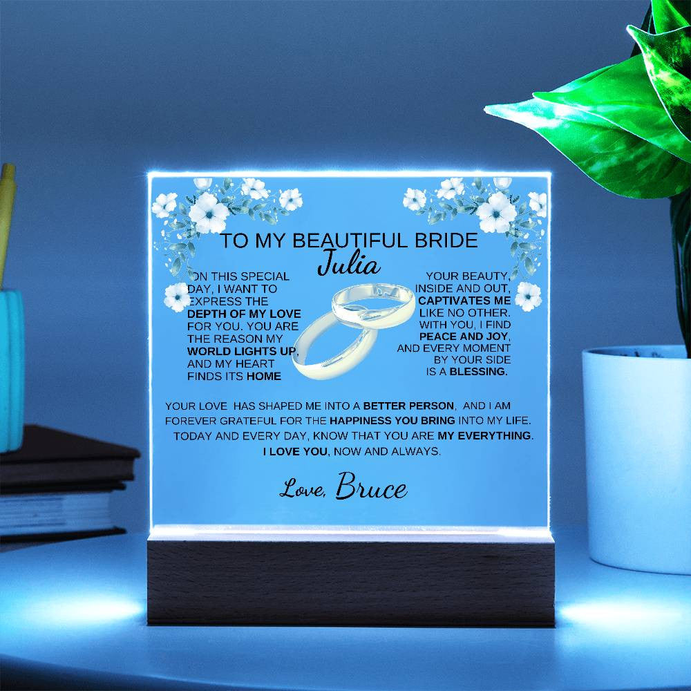 To My Bride To Be | The Light Of My Life| Acrylic Square Plaque