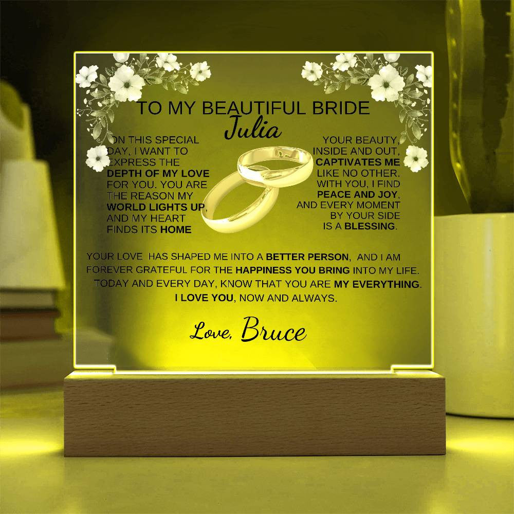 To My Bride To Be | The Light Of My Life| Acrylic Square Plaque