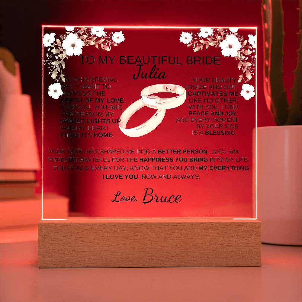 To My Bride To Be | The Light Of My Life| Acrylic Square Plaque