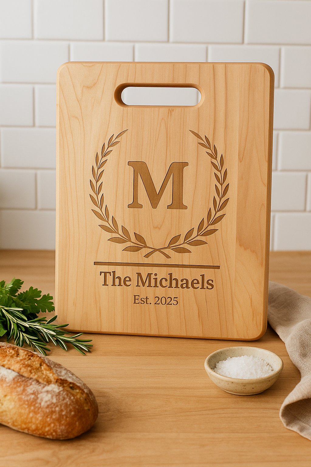 Personalized Family Name Cutting Board – Laurel Crest Design (Maple Wood)