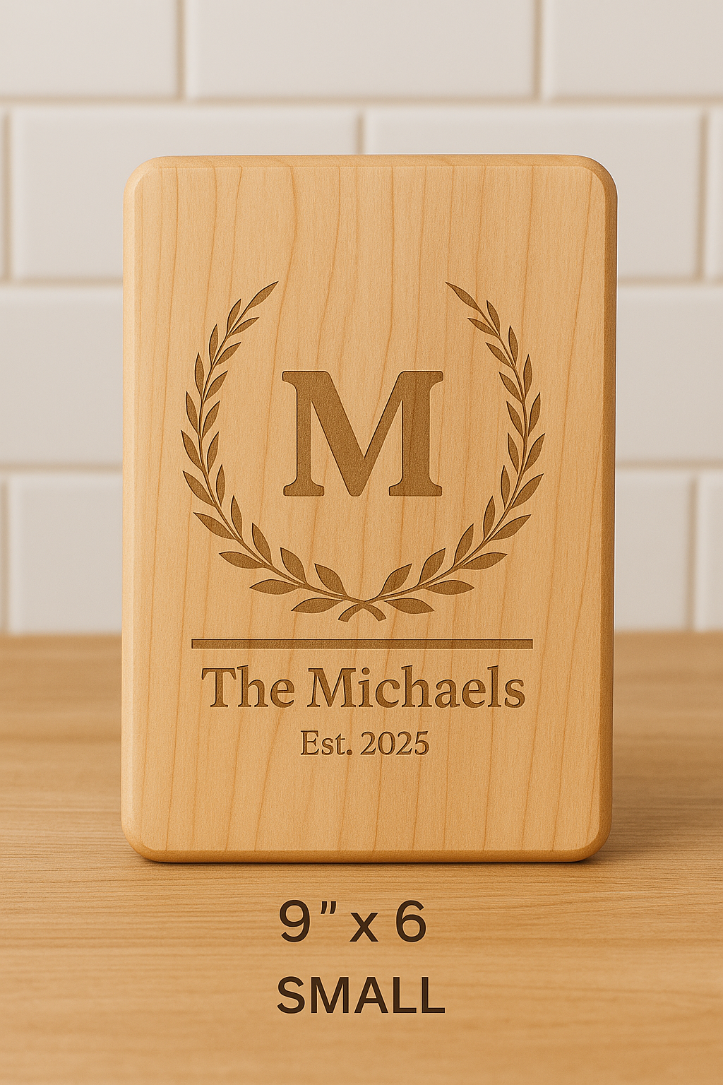 Personalized Family Name Cutting Board – Laurel Crest Design (Maple Wood)