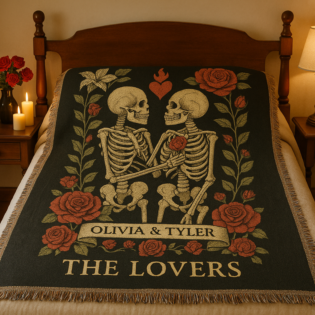 Embroidered skeleton couple blanket with roses and 'Olivia & Tyler The Lovers' text on a bed.