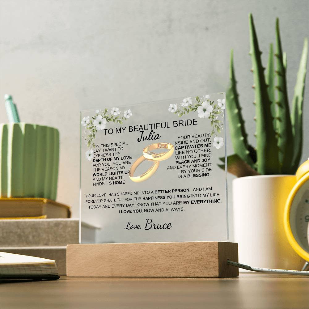 To My Bride To Be | The Light Of My Life| Acrylic Square Plaque