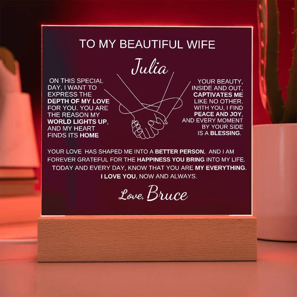 To My Beautiful Wife |Light Of My World | Message plaque