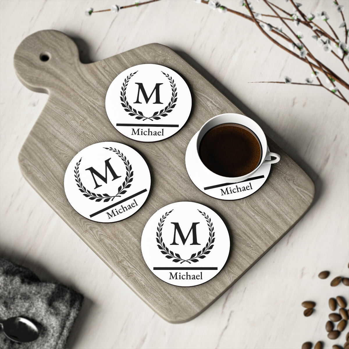 Custom Initial & Name Coasters – Elegant Personalized Drink Coaster ea. or Set