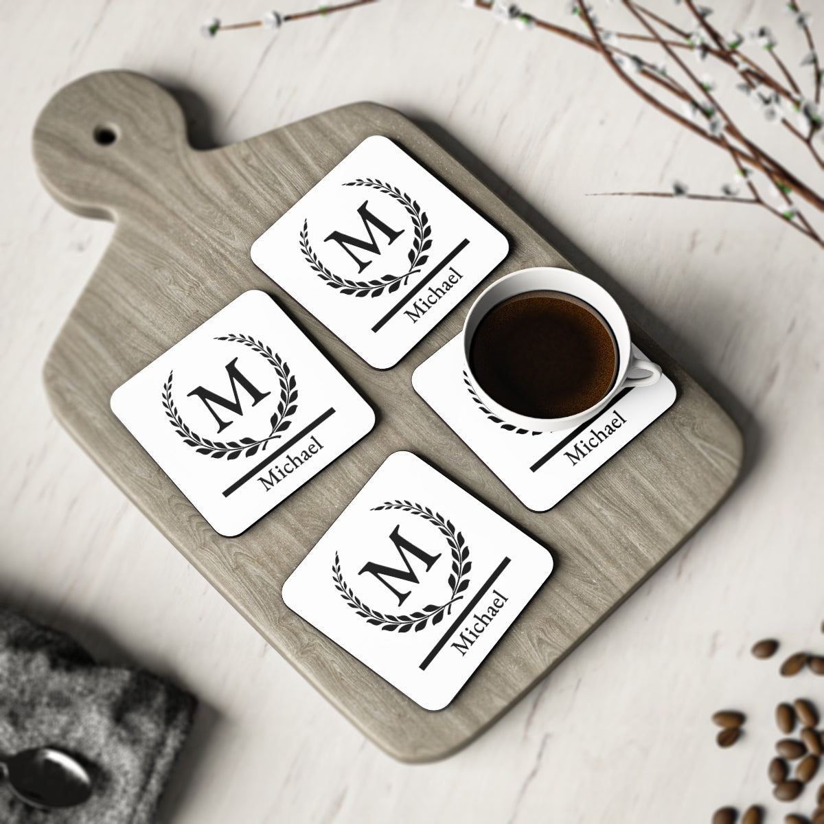 Custom Initial & Name Coasters – Elegant Personalized Drink Coaster ea. or Set