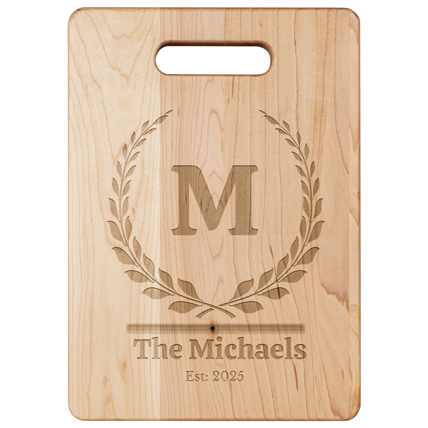 Personalized Family Name Cutting Board – Laurel Crest Design (Maple Wood)