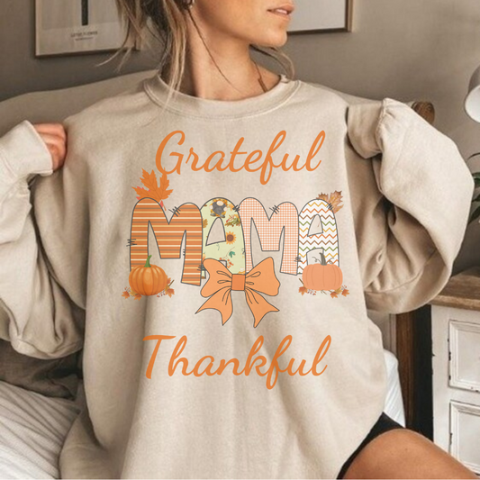 Grateful Thankful Mama Fall Sweatshirt – Pumpkin & Bow Autumn Cozy Pullover