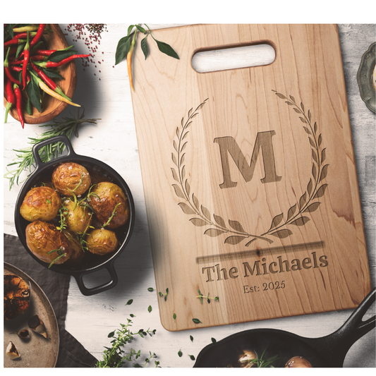 Personalized Family Name Cutting Board – Laurel Crest Design (Maple Wood)