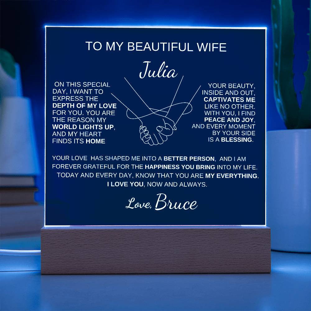To My Beautiful Wife |Light Of My World | Message plaque